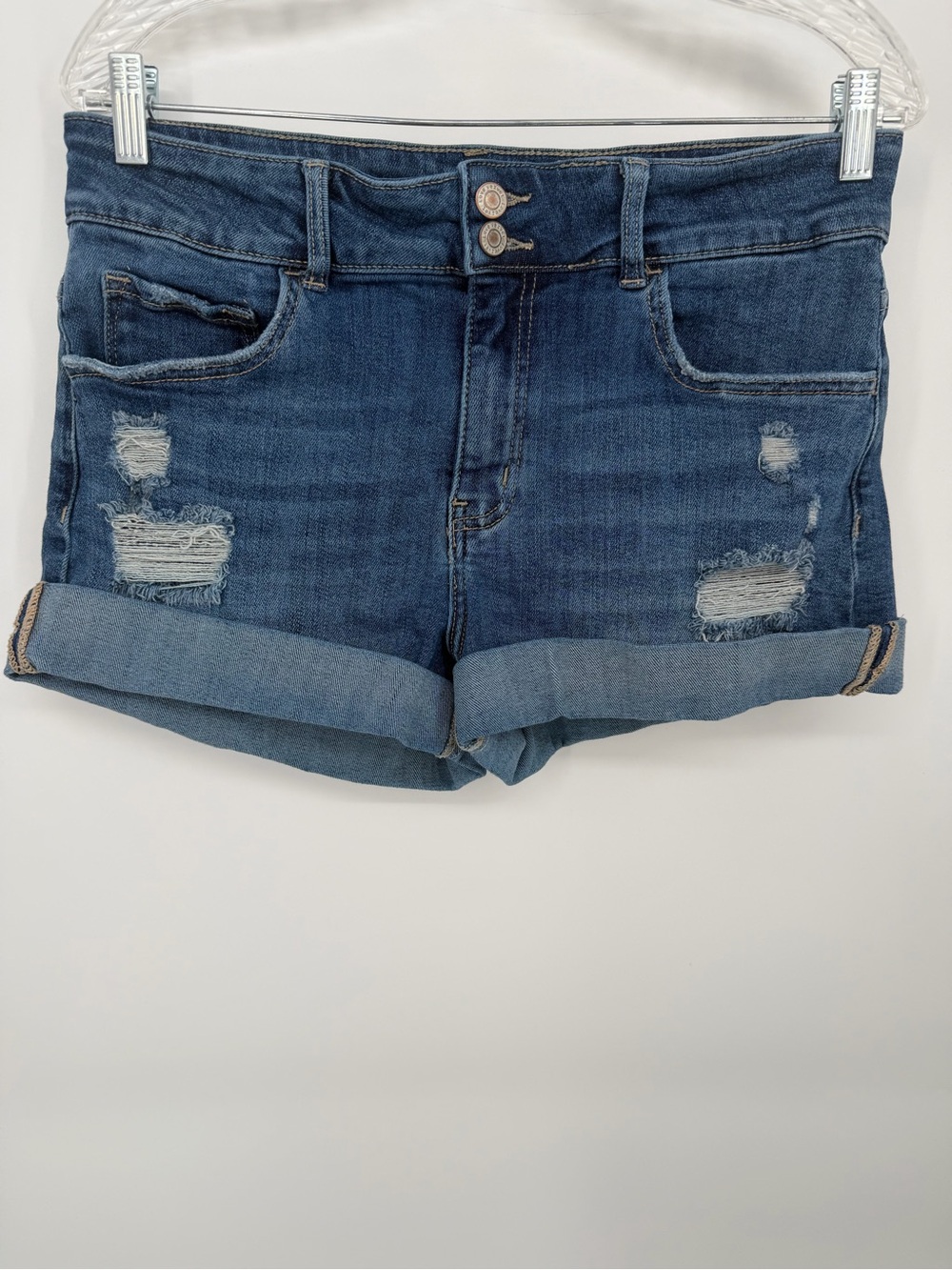 Lovervet Mid-Rise Dark Blue Distressed Cuffed Jean Shorts